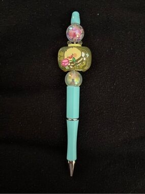 Aqua Decorative Beaded Ballpoint Pen with Bee Accent